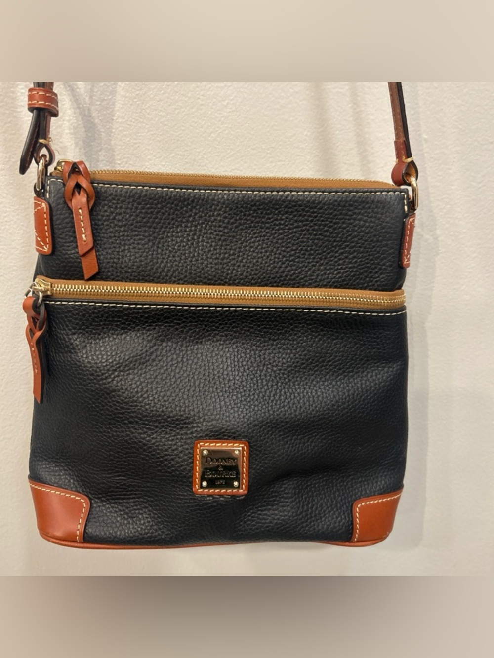 Dooney & Bourke Black Leather Crossbody with Camel Tan Trim and Gold Hardware